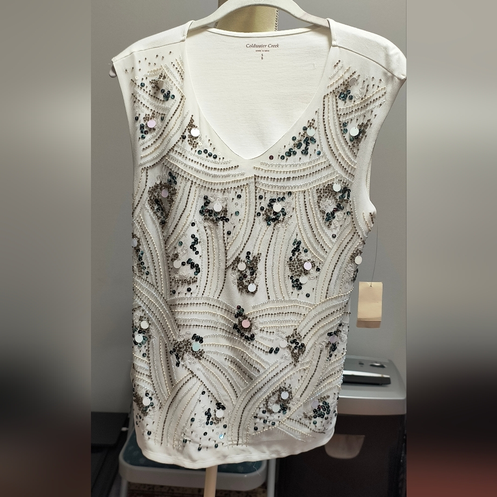Coldwater Creek Cream and Green Sequin And Beaded Tank Top